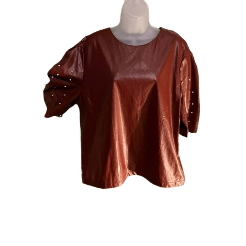New, Wo Wo wine, vegan leather pullover blouse, with pearl accents on sleeves